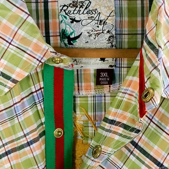 Ruthless Art Shirt Men's 3XL Multicolor Plaid Embroidered Snap Front - Picture 8 of 13